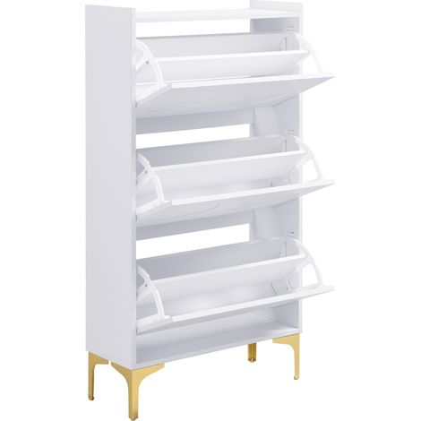 Zapatero blanco de 3 niveles con estantes dobles y patas de metal dorado 63 x 24 x 120 cm HOMVRA (1/5)