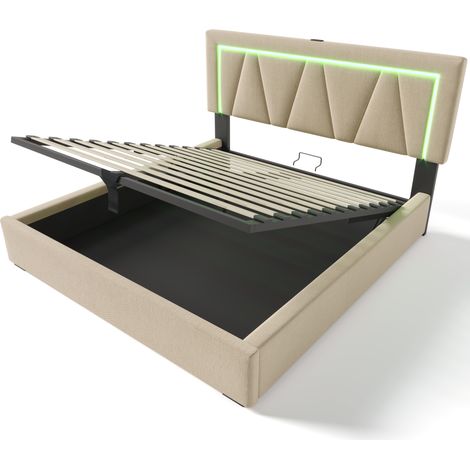 Cama doble tapizada 140x200 cm con LED, puertos USB y USB-C, arcón, beige (1/5)