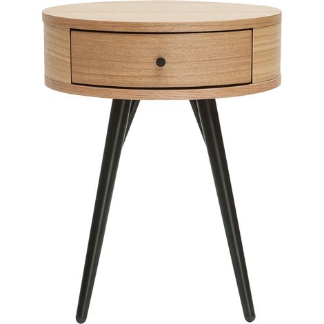 Runder Vintage-Nachttisch aus hellem Holz, schwarzem Metall KORAL