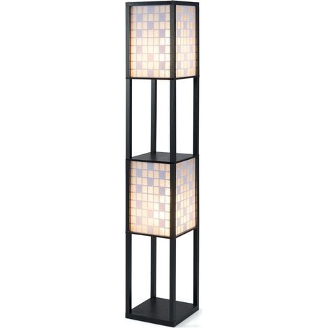 Lampadaire noir avec 2 étagères et 2 abat-jours à motif damier, douille E27 et interrupteur au pied, pour salon, chambre et bureau