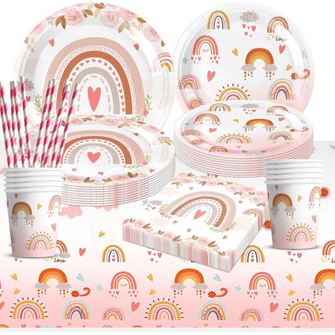 Vaisselle Jetable Anniversaire Fille Arc en Ciel assiette jetable anniversaire pour 10 Invités kit Vaisselle de Fête pour Decoration Noces, Baby Shower, Noël et Fêtes (1/5)