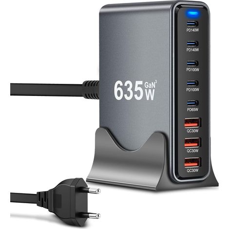 Chargeur USB C 635W 8 Ports, GaN III Station de Charge, Chargeur USB c avec 5 x USB-C PD + 3 x USB-A QC4.0, Chargeur Rapide pour Phone 16/15/14 Pro Max, Samsung Galaxy, MacBook, Pad, Laptop (1/5)