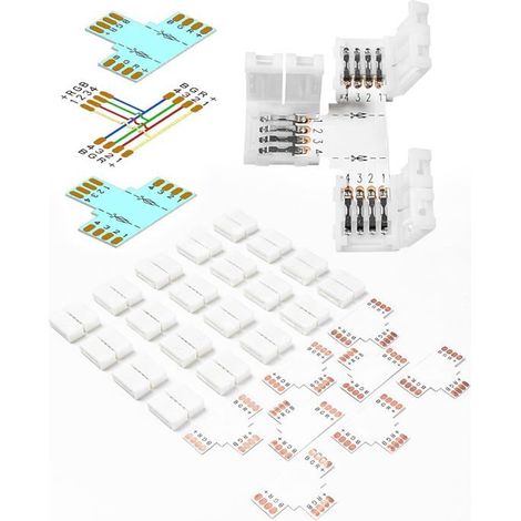 28 Packs Connecteur Ruban Led 4 Broches Pour Ruban Led Rgb Smd5050 10 Mm,Avec 8 Connecteurs Led En Forme De T Pour Connexion[CA195] (1/5)