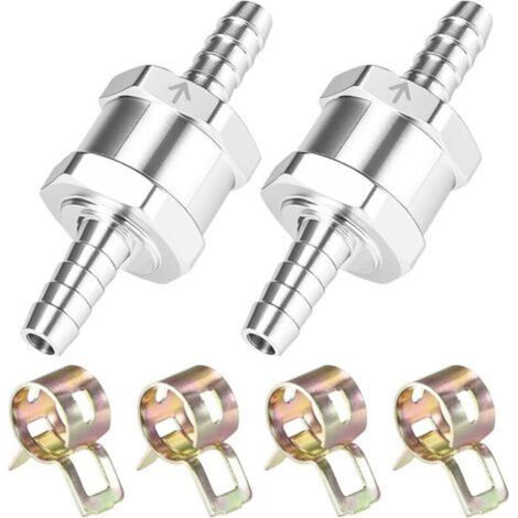 6mm Aluminum Non-Return Valve – Pack of 2 with 4 Clamps, for Fuel, Oil or Water – Low Pressure System