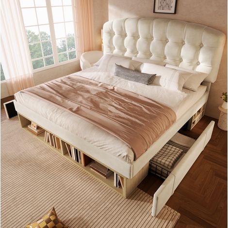 Letto 140x190 cm in velluto beige con rete a doghe, testiera regolabile e contenitore integrato. (1/5)