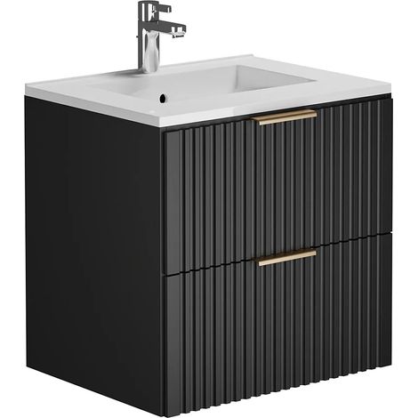 Meuble de salle de bain suspendu strié avec vasque à encastrer - Noir - 60 cm - ZEVARA (1/5)