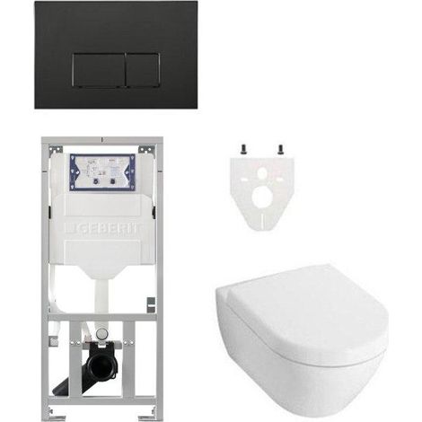 Ensemble de toilettes à chasse directe villeroy and boch avec réservoir de chasse et plaque de commande geberit avec boutons rectangulaires abattant à