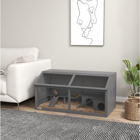 OKWISH Holzhamsterkäfig 100 cm mit Hängebrücke, Leitern und Klappdach, Dunkelgrau (1/5)