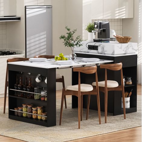 Mesa extensible de cocina con ruedas, tablero abatible, enchufes y ganchos, negro OKMYHOME (1/5)