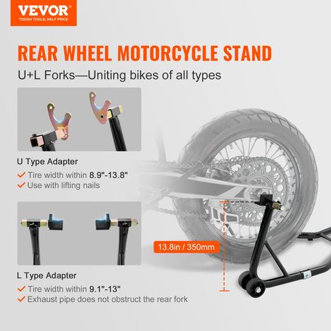 Béquille Moto pour Roue Arrière Charge 0,39 T Béquille d'Atelier avec Bras Réglable Support de Roue en Acier Lève-Moto Compatible avec Roue d'Un Diamètre de 350 mm Réparation Entretien Domicile (1/5)