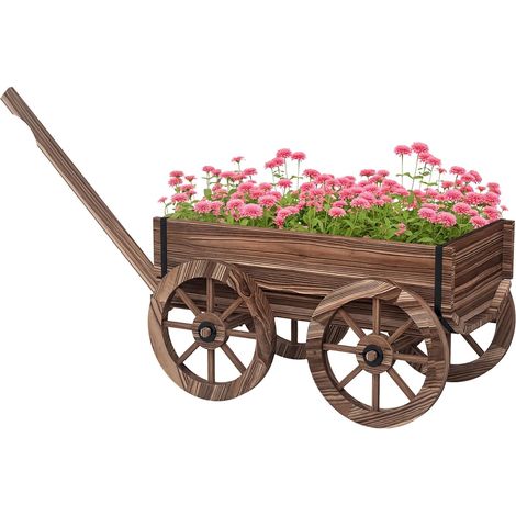 Chariot à Fleurs en Bois avec Roues et poignée, bac à Fleurs, brouette avec Trous de Drainage, jardinière décorative pour Jardin, Balcon, terrasse, 120 x 41 x 54 cm, Marron carbonisée