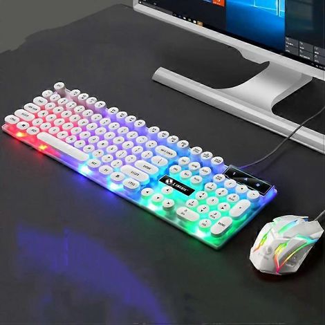 Ensemble clavier et souris filaires USB rétro à touches rondes - LIMEIDE, câble de 1,4 m, blanc punk (1/2)