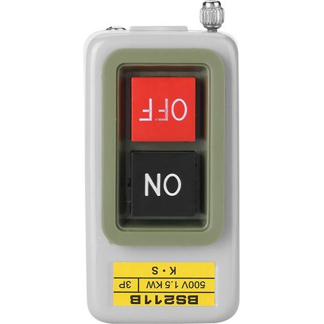 Interrupteur à bouton-poussoir marche/arrêt triphasé autobloquant 220 V/380 V CA avec fonctions clés : marche, arrêt, poussoir, triphasé et autobloquant. (1/5)