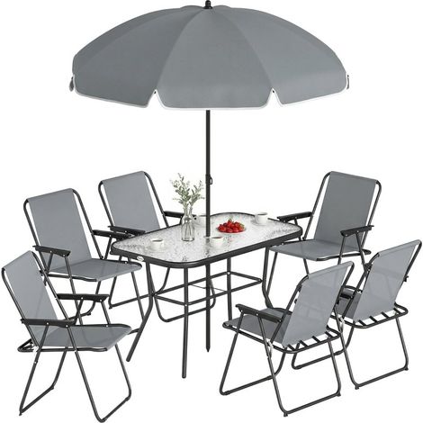 Ensemble repas de jardin 8 pièces avec parasol, table en verre trempé et 6 chaises pliantes, couleur gris