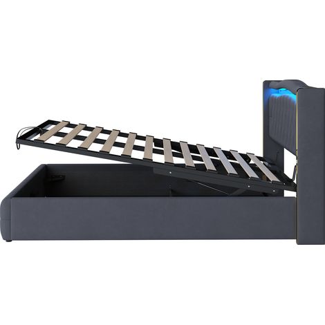 Lit flottant avec éclairage LED — Un lit rembourré moderne offrant un vaste espace de rangement sous le lit, une respirabilité supérieure ainsi qu'une résistance exceptionnelle aux taches et à l'abras (1/4)