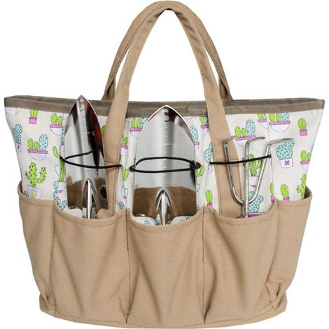 Sac fourre-tout en toile pour outils de jardin - Sac de rangement robuste pour légumes et herbes aromatiques - 8 poches - Cadeau de jardinage floral (outils non inclus) -cactus，12.5 x 6.5 x 11.5inches