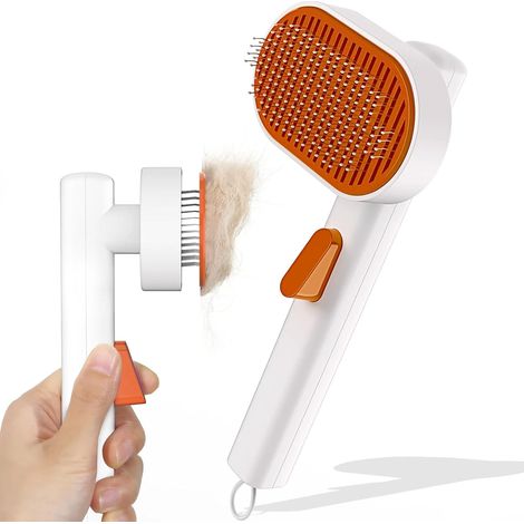 Brosse pour chat et chien, brosse de toilettage autonettoyante pour animaux de compagnie, brosse anti-perte de poils, outil de toilettage, nettoyage en un clic - Blanche (1/5)