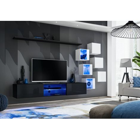 Ensemble meuble TV mural Switch XXI - L 240 x P 40 x H 120 cm - Noir et blanc - Livraison gratuite