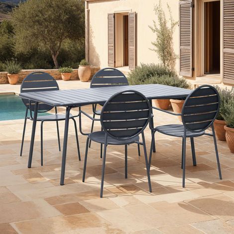 Ensemble table + 4 fauteuils ronds en métal gris - BACA