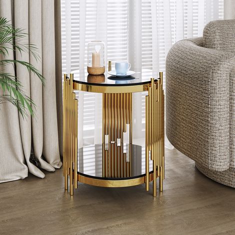 Tavolino rotondo 45x45x55 cm con 2 livelli portaoggetti, piano in vetro temperato, design moderno, nero e oro (1/5)