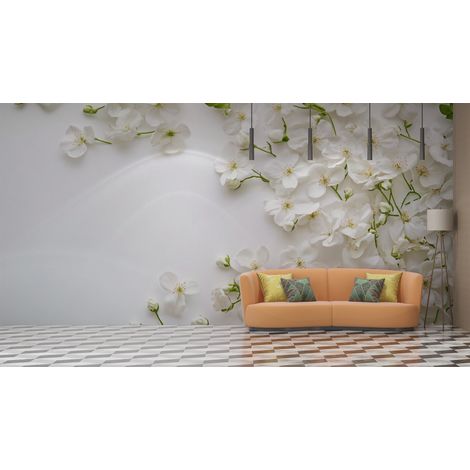 Papier peint fleuri - pétales blancs sur fond crème - 150 x 250 cm (1/2)