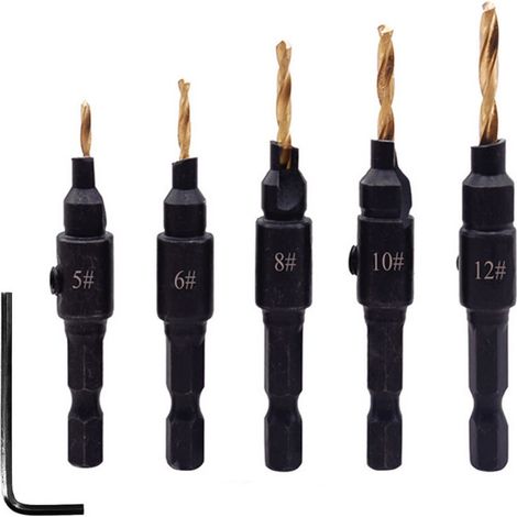 5-piece high-speed steel countersink drill bit set with 1 free hex key for woodworking and carpentry (1/5)