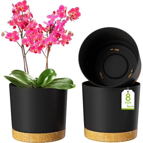 Pots de Fleurs de 20cm, Jardinières Modernes avec Trous de Drainage et Soucoupe Détachable, Pots de Fleurs en Plastique pour Plantes d'Intérieur et de Jardin (Gris Foncé, Lot de 3) (1/5)