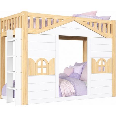CHICFURN Cama alta infantil 90x200 cm con forma de casa, ventana decorativa y escalera reversible, madera de pino y MDF, blanca y natural, con somier (1/5)