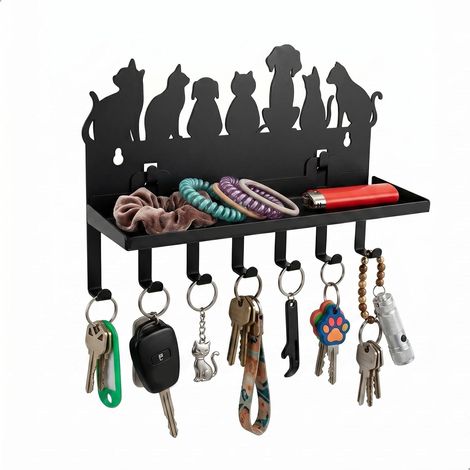 Porte Manteau Mural Sans Percage, Support Clef Mural pour Chien Accessoires, Patere Accroche Murale Métal avec 7 Crochets et Étagère Amovible Noir (1/5)