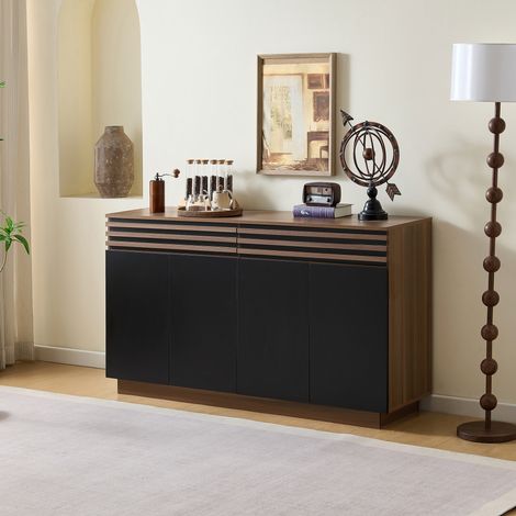 Aparador moderno 150 x 40 x 85 cm en efecto madera marrón con puertas negras, 2 cajones y 4 puertas (1/5)