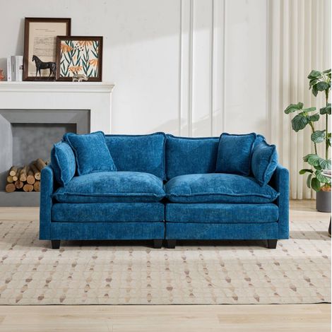 Sofá modular de dos plazas con chenilla acolchado azul OKMYHOME (1/5)