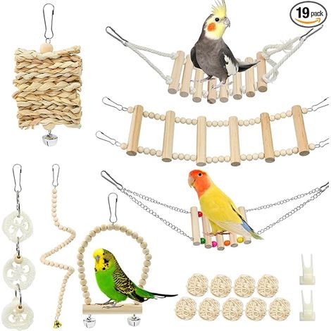 Bird Toy in Cage, Natural Wooden Hanging Toys, Hammock, Wooden Ladder, Chew Toys for Birds, Bird Cage Accessory for Parakeets and Lovebirds (1/5)