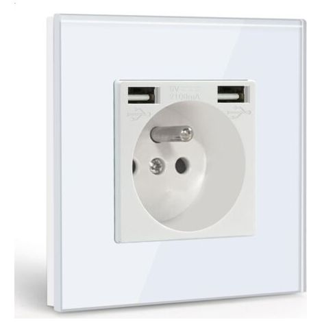 QORVA-Prise Murale avec 2 Ports USB,16A Prise de Courant Alternatif avec Panneau en Verre,Multiprise Murale Max 2.1A,Convient au Smartphone, à la Tablette (1 Prise avec 2 Ports USB,Blanc)
