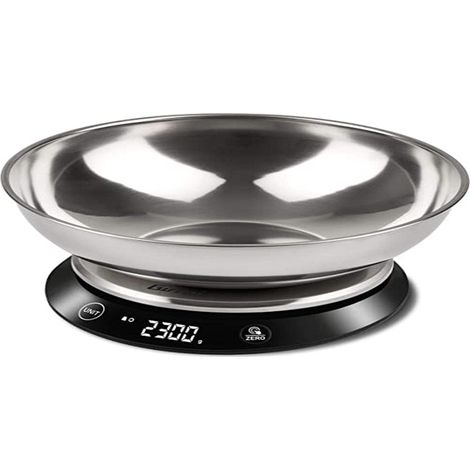 Balance de Cuisine, Capacité du bol 1 Litre, 1 g - 5 kg, Affichage Haute Luminosité, Bol et Plateau en Inox, Arrêt Automatique, Fonction Tare, Noir
