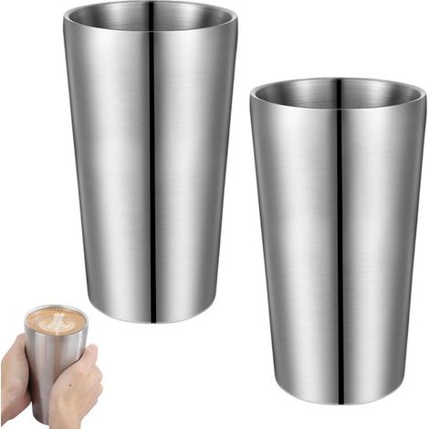 Lot de 2 pièces - Mug en acier inoxydable - Gobelet isotherme en acier inoxydable - Bouteille isotherme à double paroi - Argent - 350 ml - Chope à bière - Mug à jus - Mug isotherme en acier inoxydable (1/5)