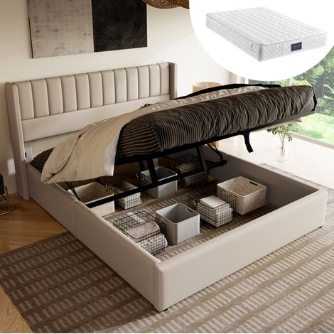 Bett mit Stauraum Leinen Beige 160x200 cm, hydraulisches Polsterbett mit Lattenrost und Matratze (1/5)