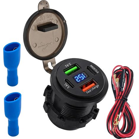 Prise USB C 12V pour Voiture, Chargeur Rapide 58W avec 3 Ports (USB-C PD 20W + USB QC 3.0), Allume-Cigare avec Interrupteur et Voltmètre LED, Étanche pour Bateau, Moto, Camping-Car