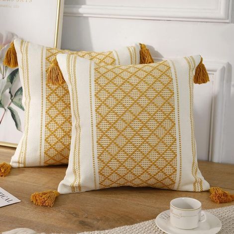 Lot de 2 housses de coussin décoratives tricotées en coton bohème avec pompon jaune et blanc, accent moderne classique ferme jacquard taie d'oreiller housse de coussin pour canapé canapé, 18 x 18 pouc (1/4)
