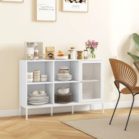 Credenza da cucina, bianca, con anta a rete, 4 scomparti a giorno e ripiano regolabile, 120x37x81,5 cm