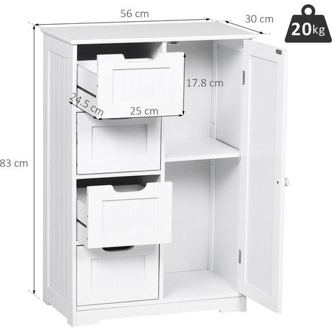 Meuble de salle de bain avec 4 tiroirs et 3 étagères réglables en hauteur, conception peu encombrante, peinture écologique, fabriqué en MDF anti-basculement, 56x30x83cm, blanc. (1/5)