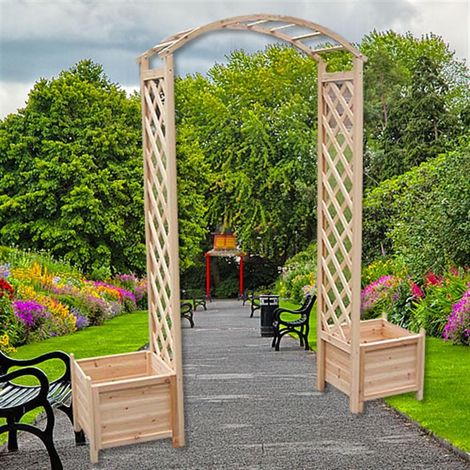 Melko – Arche de jardin en bois 179 x 41 x 208 cm – Aide à l'escalade pour plantes grimpantes – 2 jardinières incluses – Installation rapide