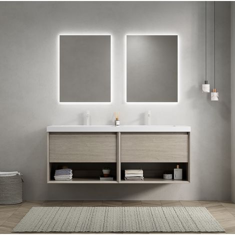 Hängender Badschrank 140 cm mit Doppelwaschbecken aus weißem Kunstharz und heller Eiche (1/5)