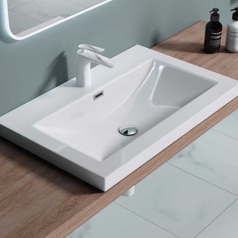 Bathroom Cloakroom 765 x 480mm Stone Resin Bathroom Basin - Self Rimming Drop In Sink - One Tap Hole With Overflow - Durovin Bathrooms (1/5)