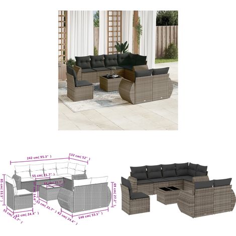 9-tlg. Garten-Sofagarnitur mit Kissen Grau Poly Rattan - Gartenmöbel Set - PE-Rattan Möbel - Outdoor Lounge - Esstisch - Gartenstuhl - Home & Living (1/3)