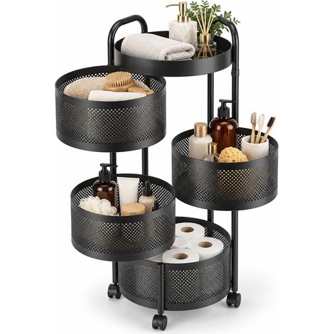 Relaxdays Desserte métal 4 paniers, H x ø : 79,5 x 33 cm, 4 roulettes, cuisine, salle de bains, bureau, noire (1/5)