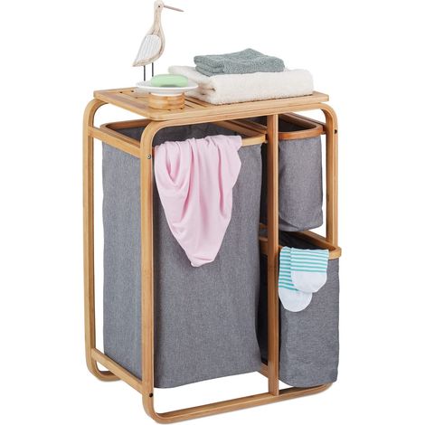 Relaxdays Cesto Portabiancheria in Bambù, 3 Sacchi di Stoffa, Mobiletto Bagno, HLP: 70x49x33,5 cm, Naturale Grigio (1/5)