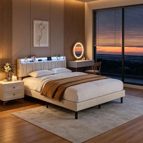 Lit 140x190,lit double capitonné,lit adulte,avec sommier à lattes,LED,USB,tissu en lin,lit 2 personnes,lit 2 place,Beige (1/5)