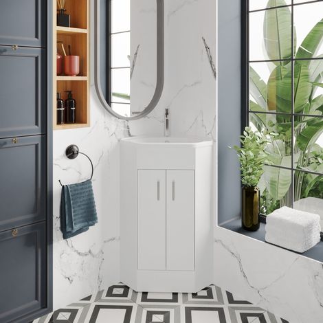 Nuie Mayford Floor Standing Corner 2-Door Vanity Unit with Basin 590mm Wide - Gloss White (1/5)
