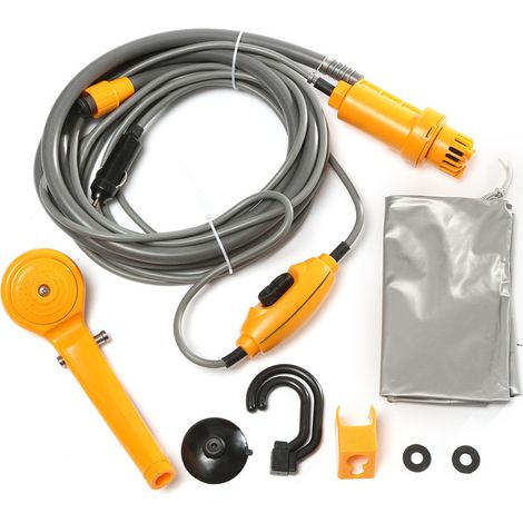 Douche portable 12V avec pompe immergée – Longueur tuyau 2m – Câble 5m – Installation facile avec ventouse et crochet – Pour camping et lavage véhicule