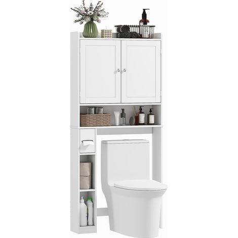 Meuble WC dessus de toilette ou machine à laver, 2 portes, 3 compartiments, porte-papier toilette, 80x19,5x170cm, blanc (1/5)